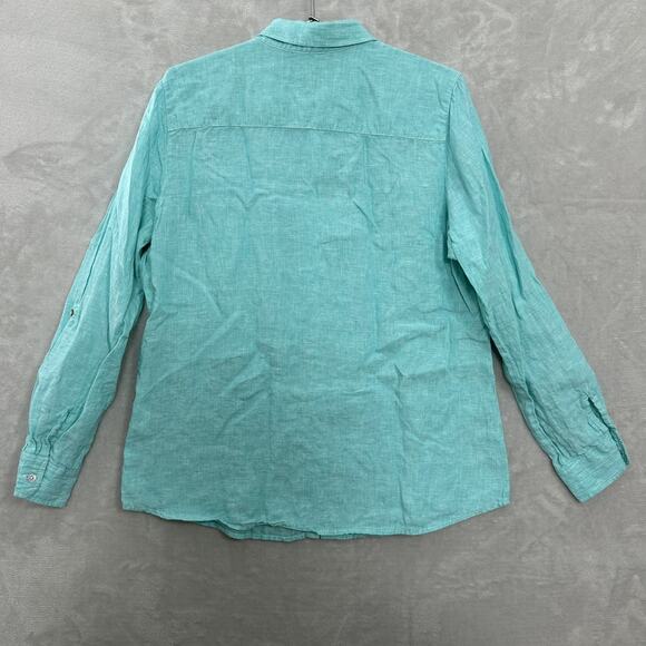 Foxcroft Linen Button Up Shirt Turquoise Preppy Coastal Beach Women’s Size 14 - Picture 6 of 10